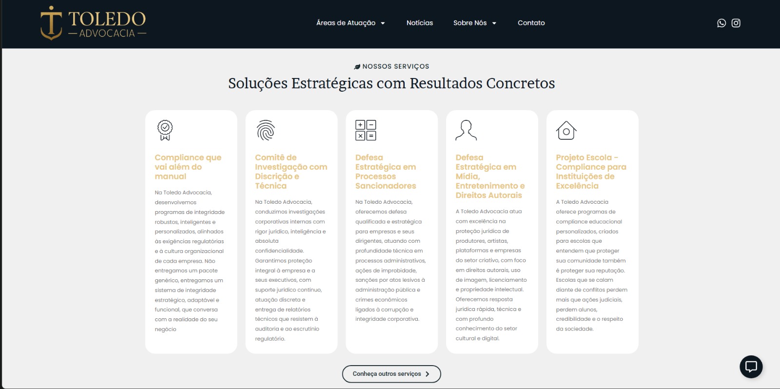 Serviços jurídicos apresentados no site Toledo Advocacia