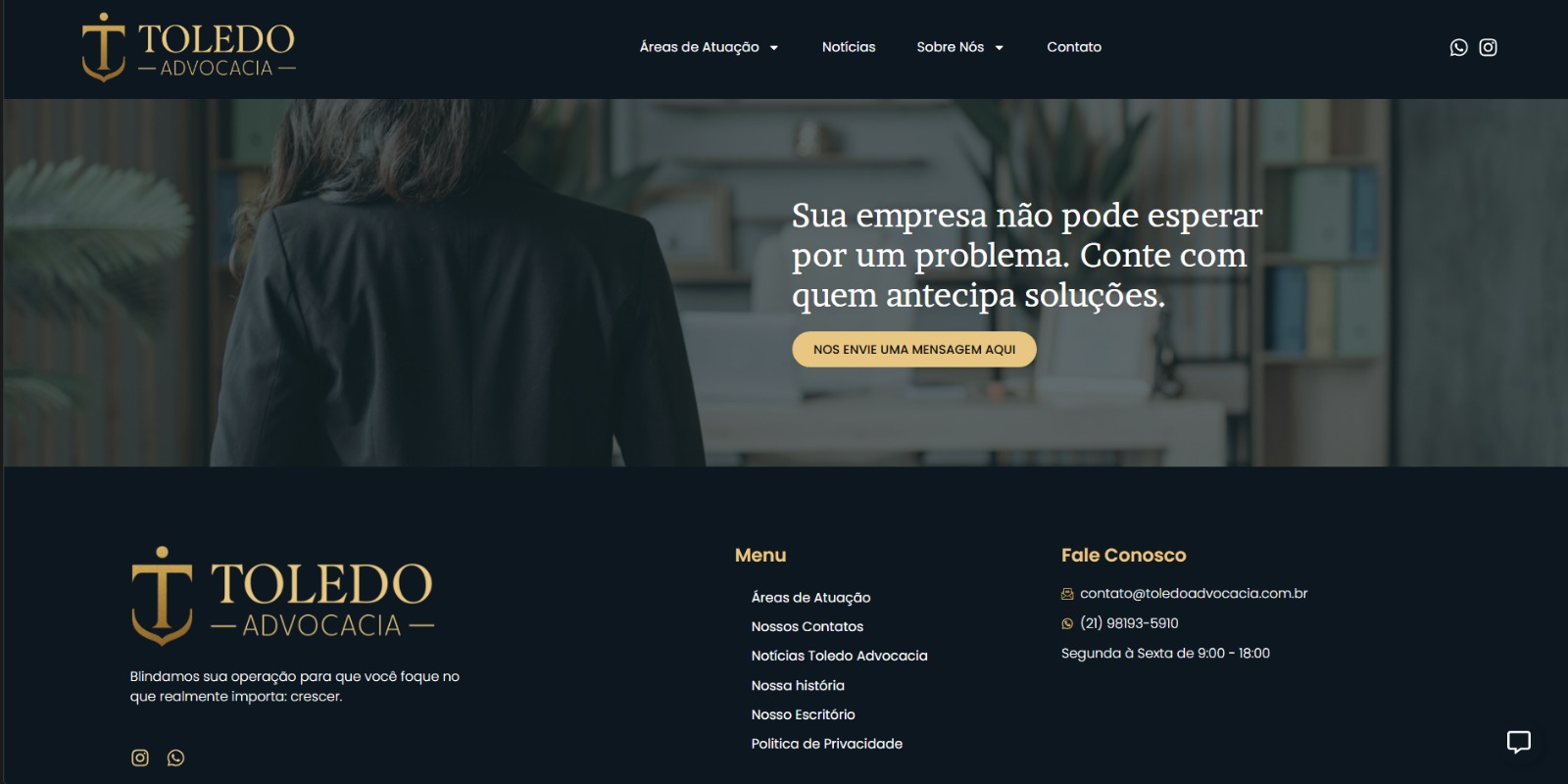 Chamada e rodapé do site Toledo Advocacia